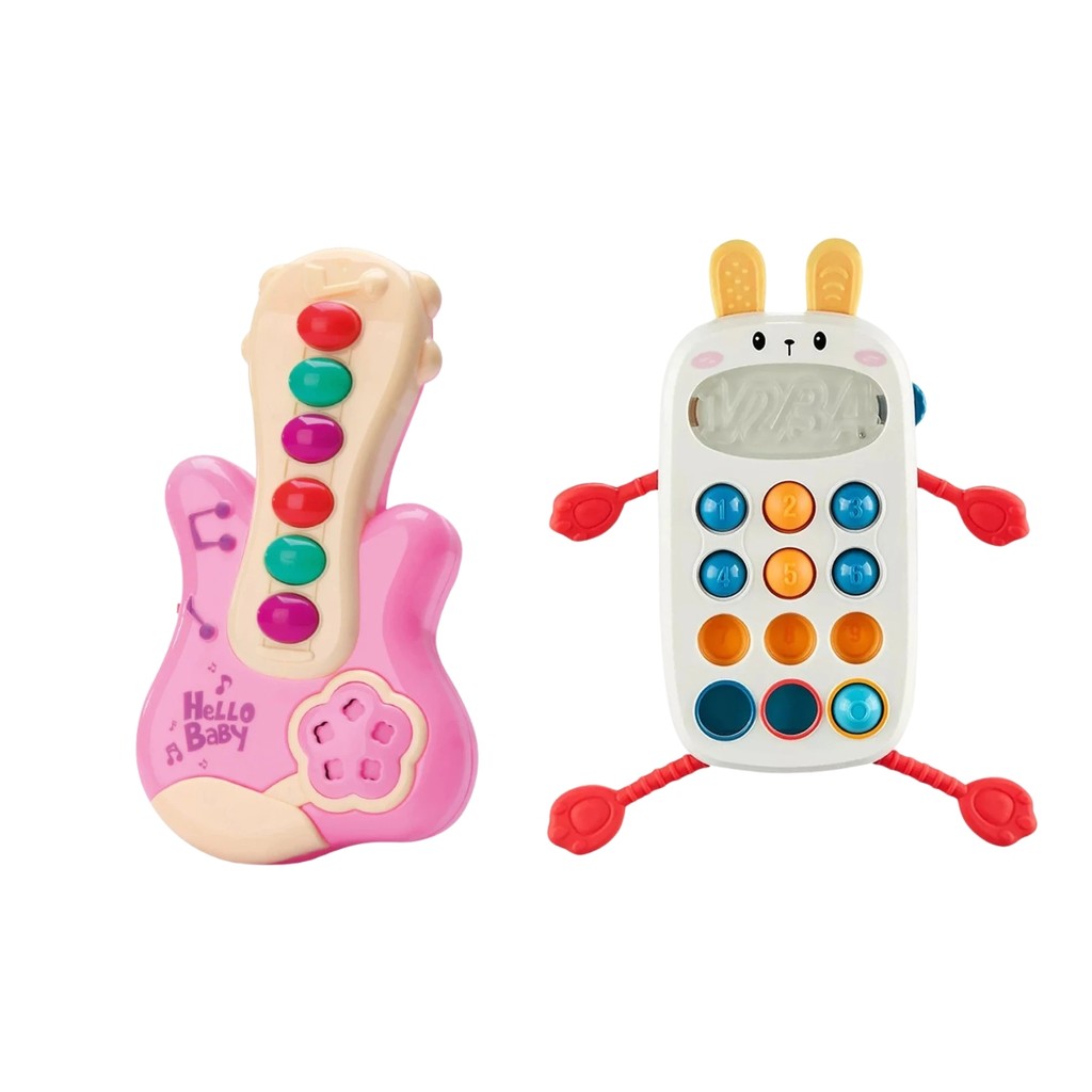 Kit Chocalho E Mordedor Multissensorial Do Coelho E Guitarra Com 6 Músicas Brinquedo Educativo Sensorial Infantil