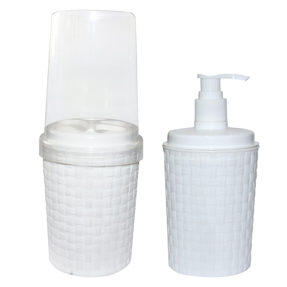 Kit De Banheiro Lavabo Porta Sabonete Líquido Rattan - Escova De Dente - Branco em Oferta na Shopee
