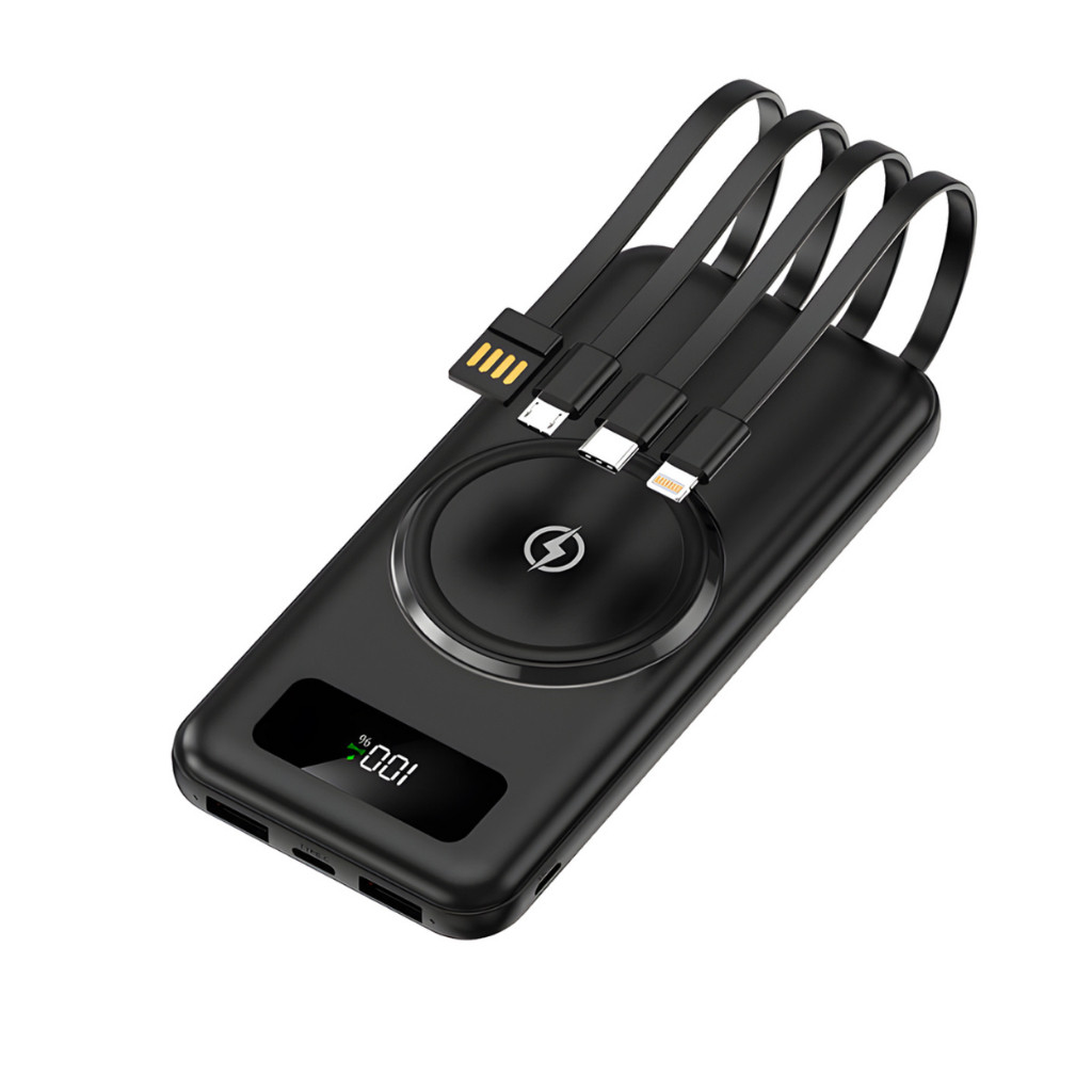 Power Bank 10.000mAh com 4 Cabos Embutidos, Carregamento Rápido e Sem Fio + Display Digital Preto