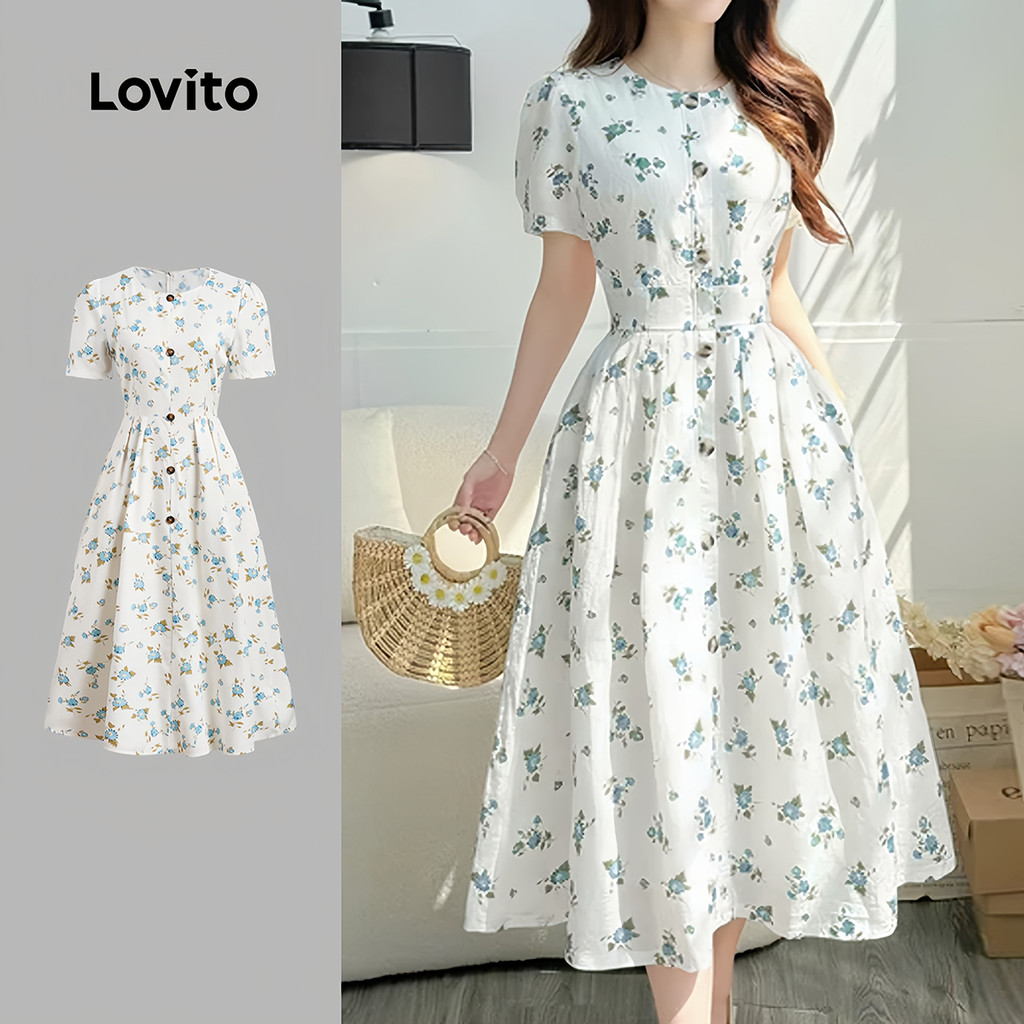 Lovito Vestido Casual de Flores com Pregas para Primavera/verão para Mulheres L158ED1487 em Oferta na Shopee