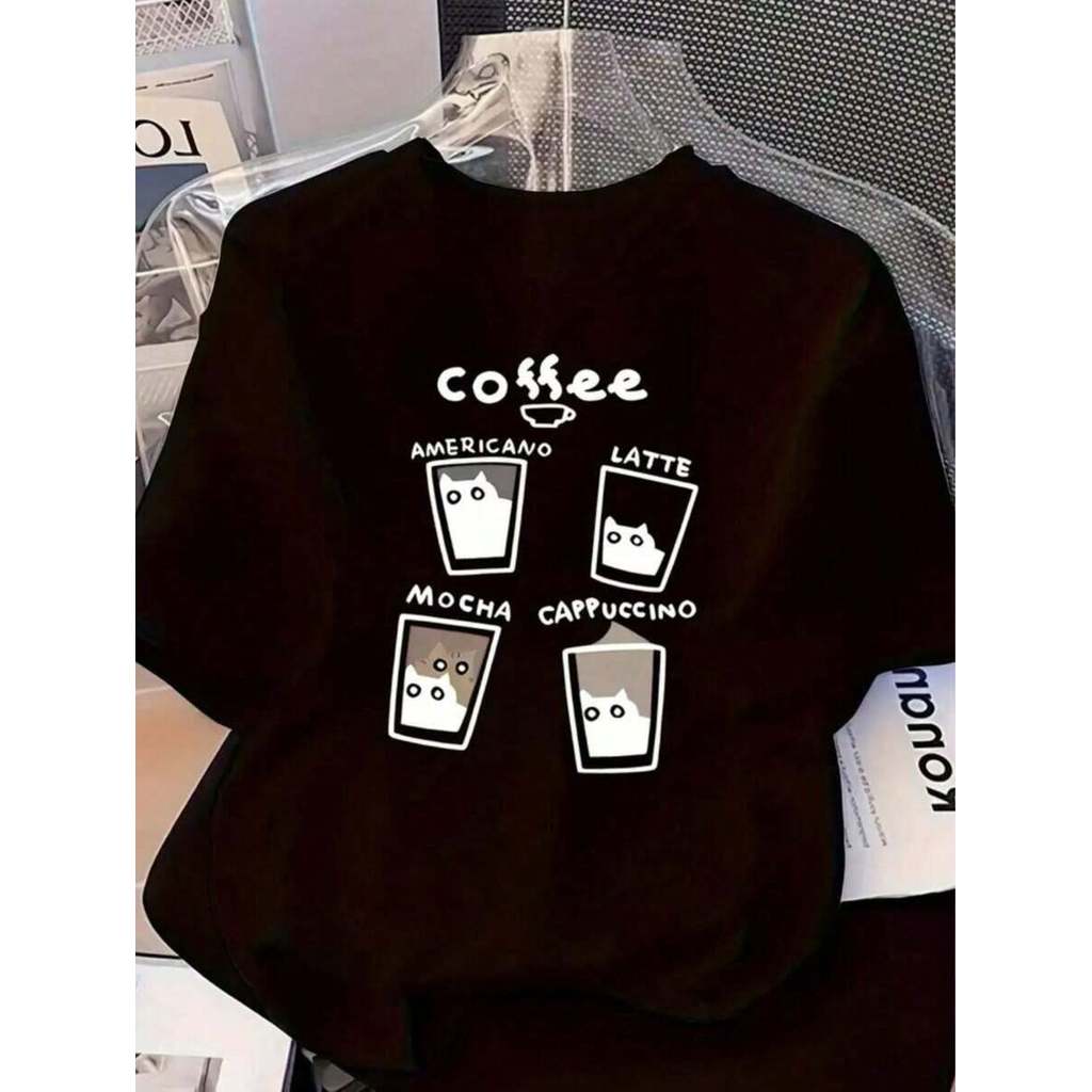 Camisa Oversized unissex confortável casual 100% algodão Coffee Café Gatinho Preto Lançamento