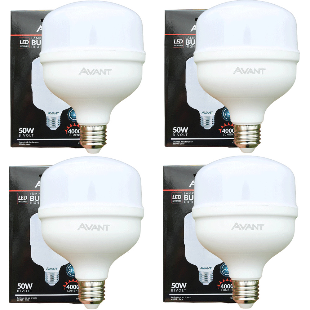 Kit 4 Lâmpadas LED Avant 50W High Power 4000lm Luz Branca 6500K Bivolt Base E27 Alta Iluminação em Oferta na Shopee