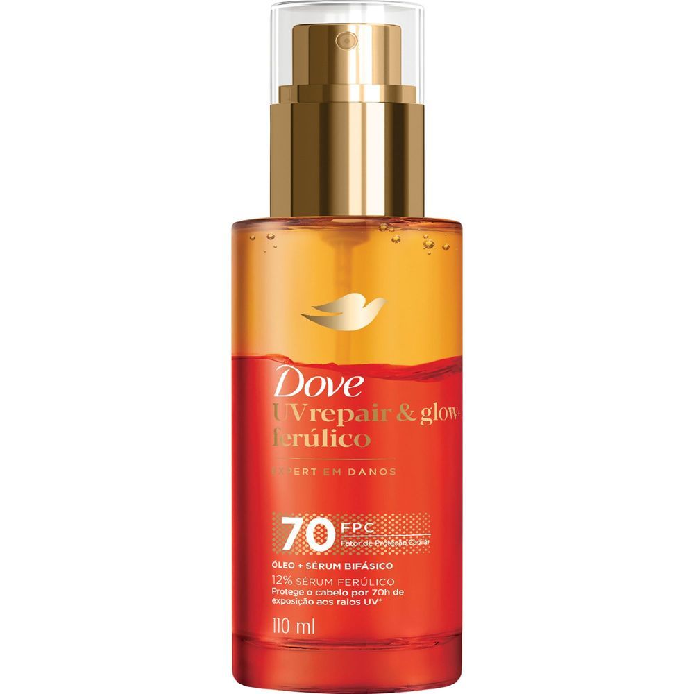 Detalhes do Óleo e Sérum Bifásico Dove UV Repair e Glow Ferúlico Expert em Danos Spray 110ml