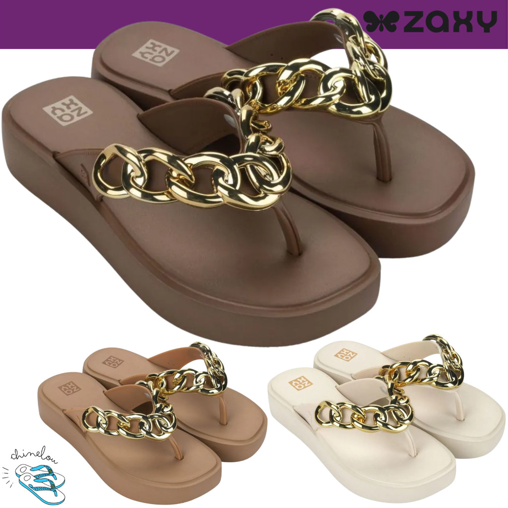Sandalia Chinelo Zaxy Link Feminina Plataforma Detalhe Metalizado Conforto