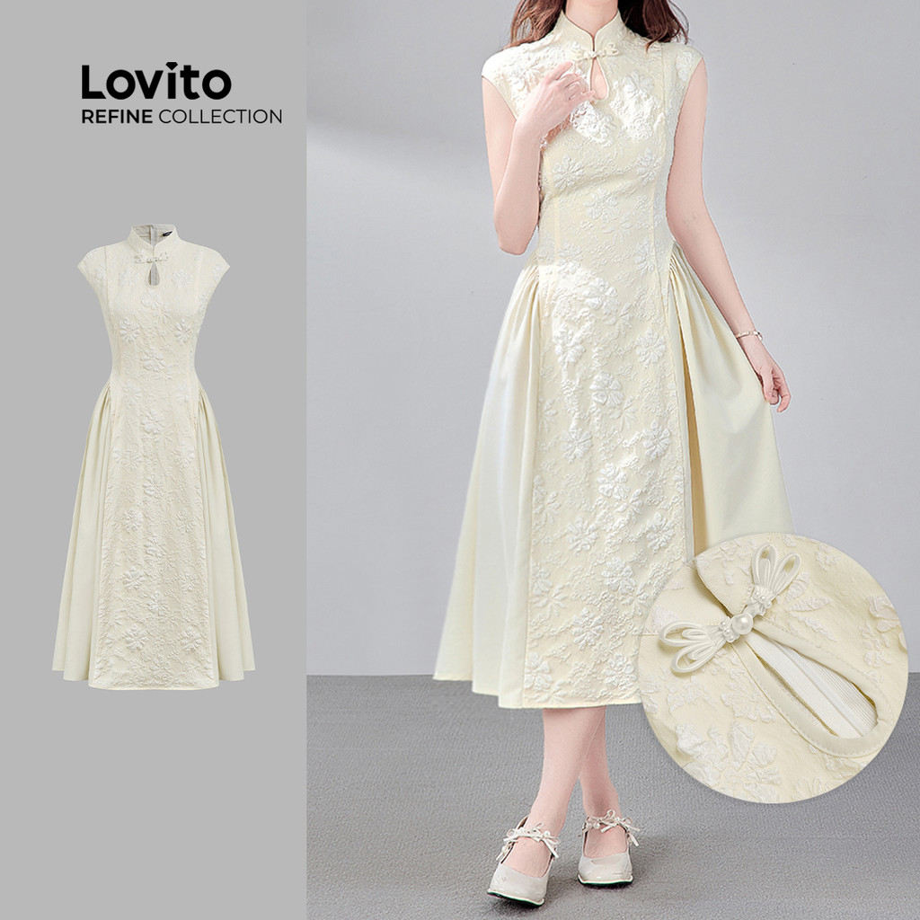 (lovito Refine) Vestido Elegante Chinês Cheongsam Qipao Botões Vazados Damasco  Primavera/verão Para MulheresLR23A018