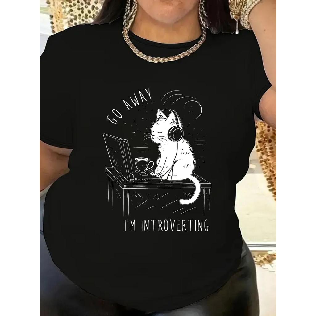 BR Moonlight Camiseta Feminina Gato Introvertido Café Computador Antissocial Estampada Confortavel Estilosa Alternativa