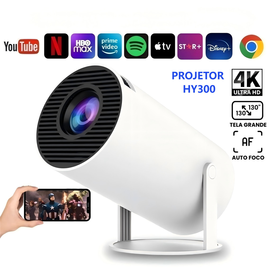 HY300 Projetor Portátil 4K HD 150 Polegadas Celular, Tv B0x, Xbox, PS, Pc, Wifi  Bluetooth Alto Falante Embutido