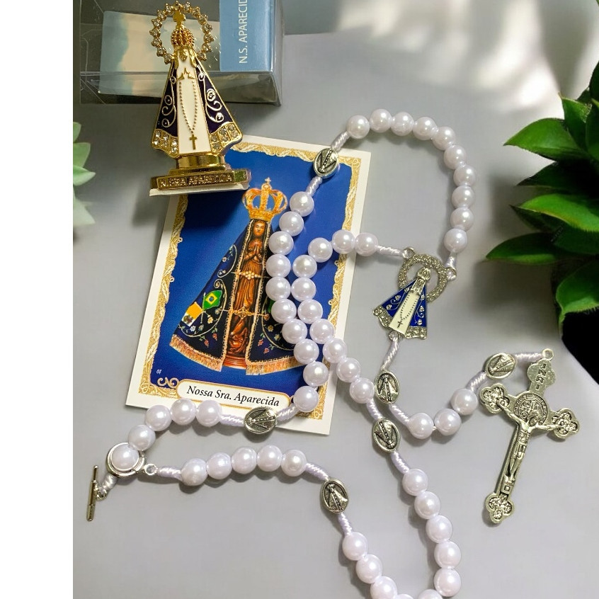 Kit Terço Perolado Nossa Senhora +Imagem Nossa Senhora Aparecida Dupla face com fita Adesiva na Base