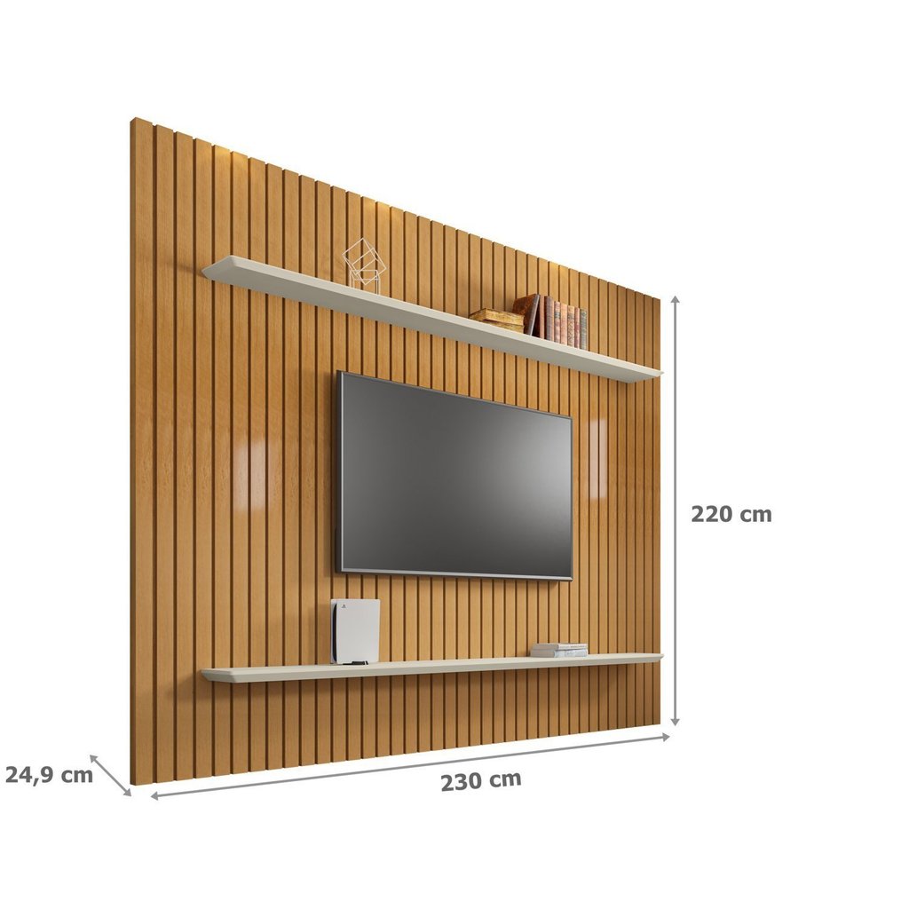 Detalhes do Painel para TV até 75 Polegadas Ripado 2 Prateleiras 100% MDF Roma  Cinamomo/Off White