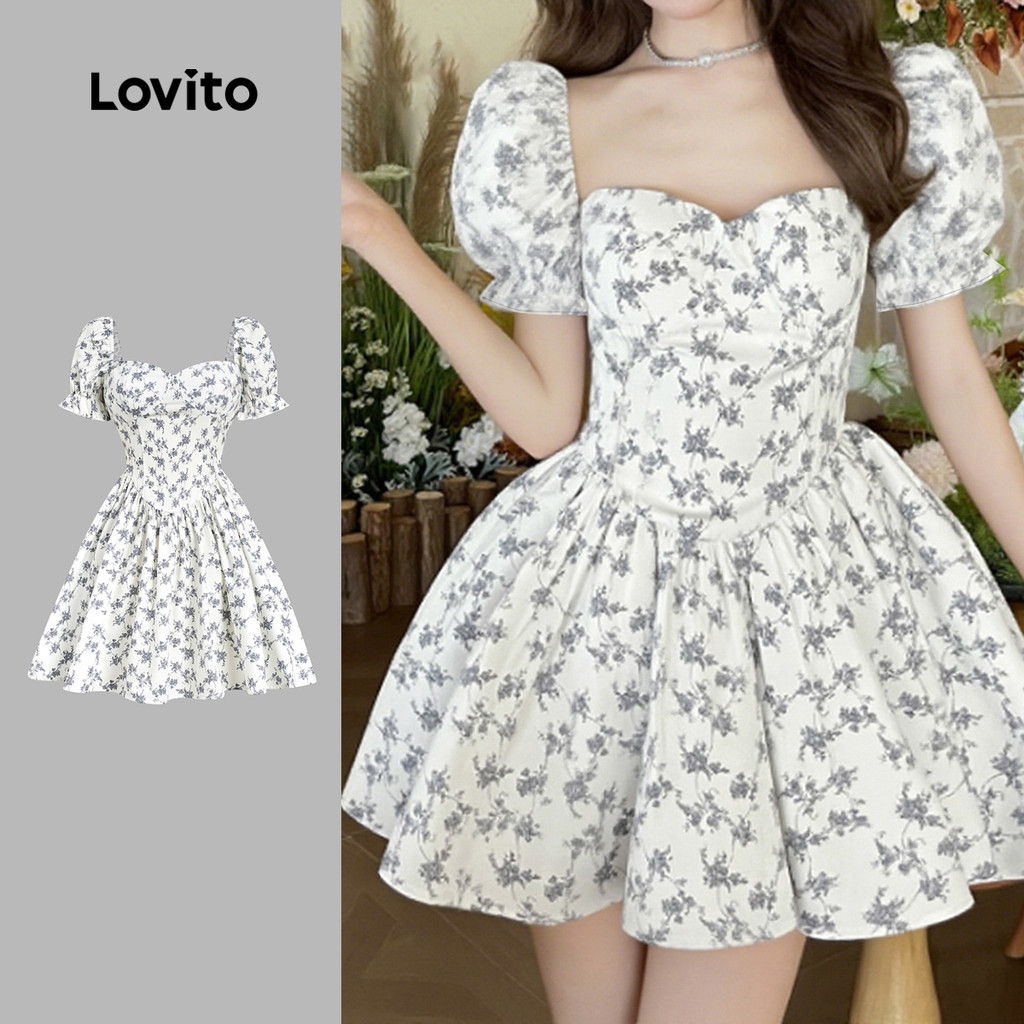 Lovito Vestido Casual de Flores com Pregas para Primavera/verão para Mulheres L155ED1062 em Oferta na Shopee
