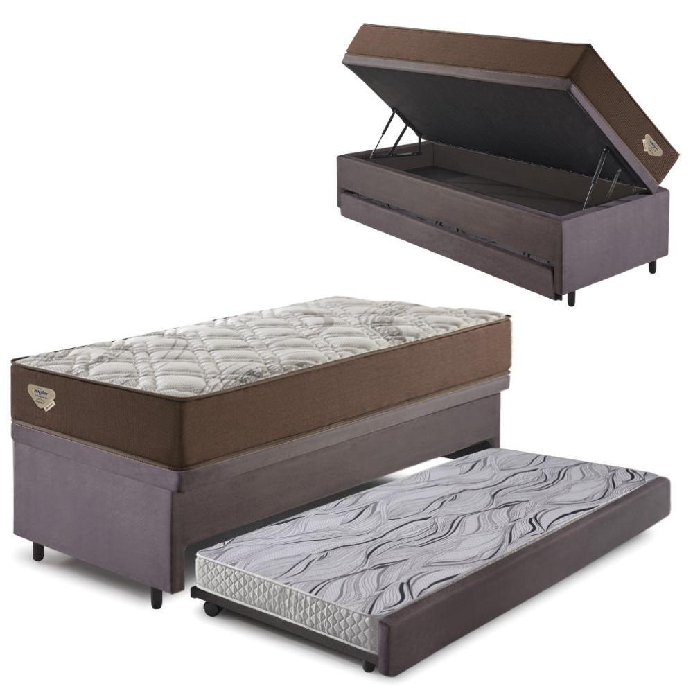 Bicama Box Baú com Suede Cinza 96x203 com Colchão Relax Adorabile Molas Ensacadas Ecoflex