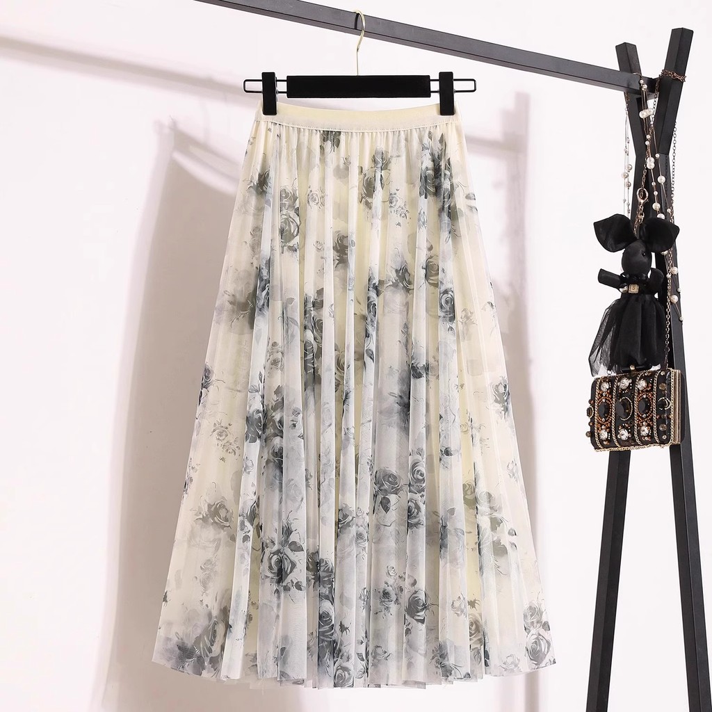 Malha Floral saia feminina 2026 verão novo estilo Retro cintura alta capa virilha mais magro olhar impresso a linha plis