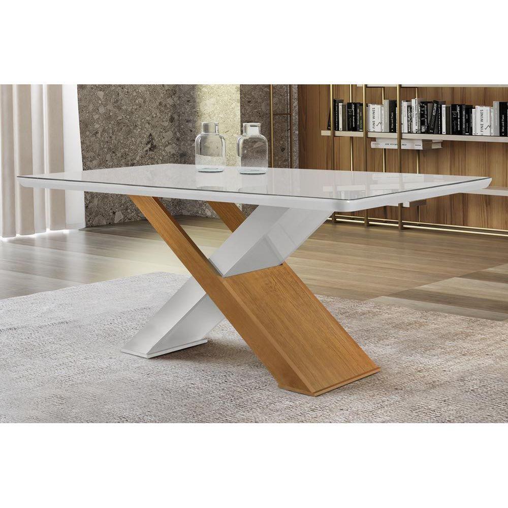 Mesa de Sala Jantar Imperatriz c/Tampo Madeirado Vidro Canto Curvo 180x90cm Off White/Imbuia-Vidro Off White - Rufato em Oferta na Shopee
