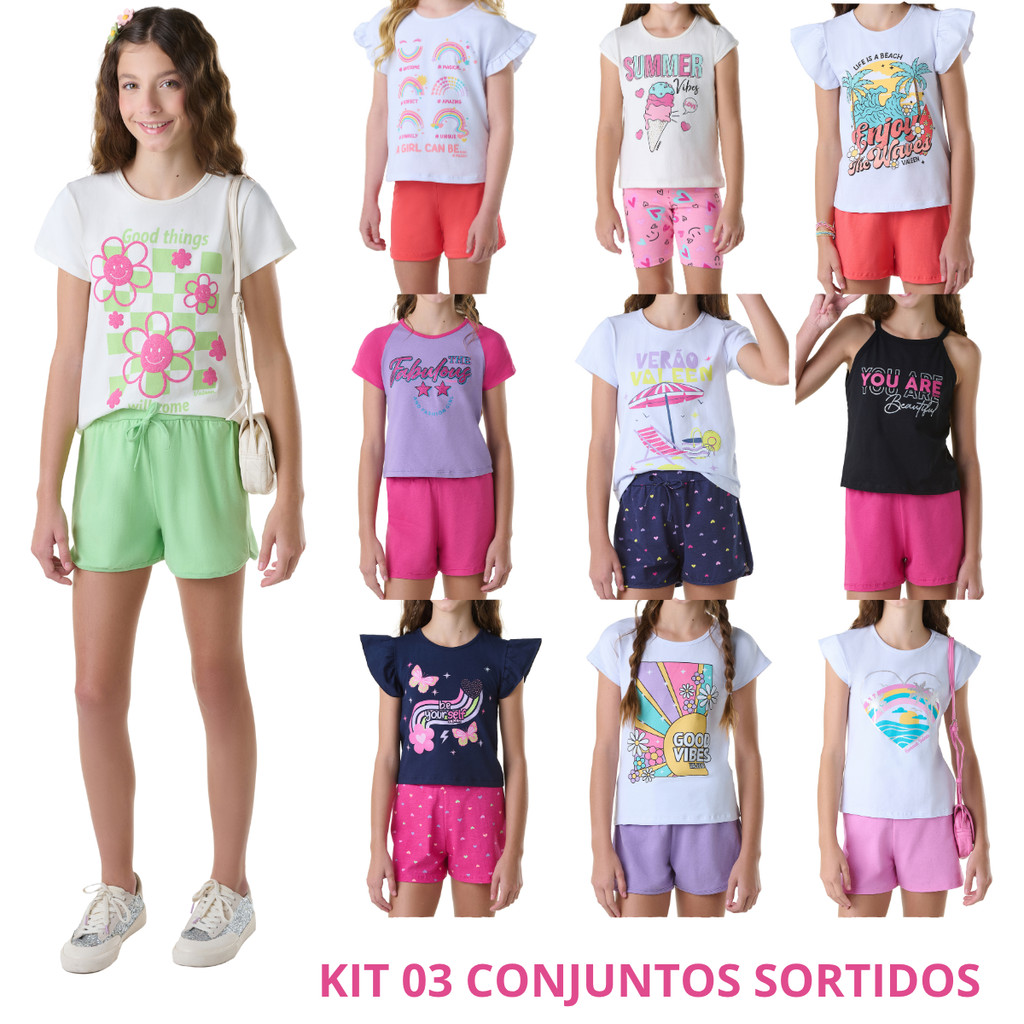 Kit Sortido 6 Peças de Roupas Juvenil Feminino Verão  ( 3 blusas + 3 shorts) Kit com 3 conjuntos