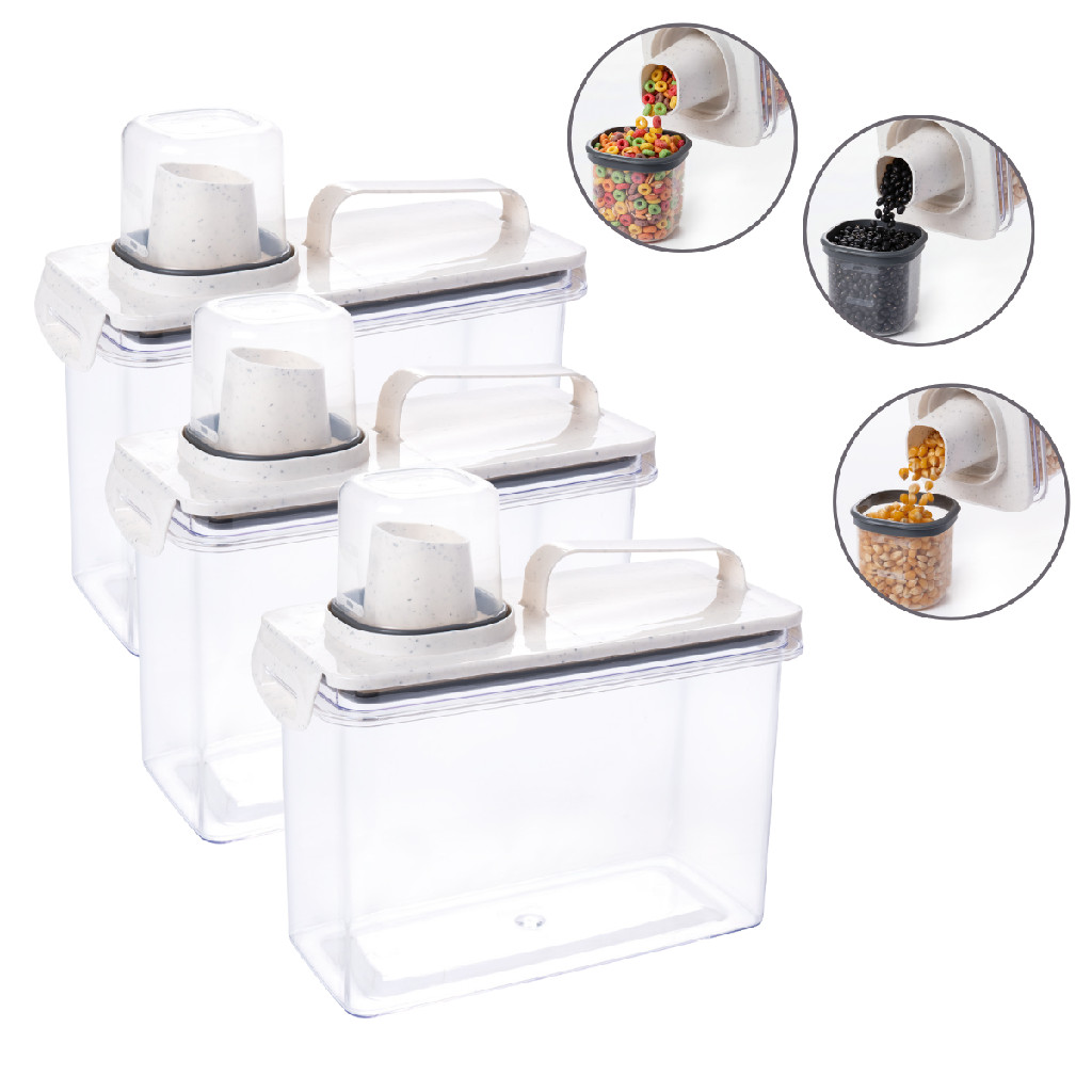 Kit com 3 Dispenser Hermético Cristal Com Trava e Dosador Armazenar Cereais Ração Mantimentos Grãos Cozinha Despensa
