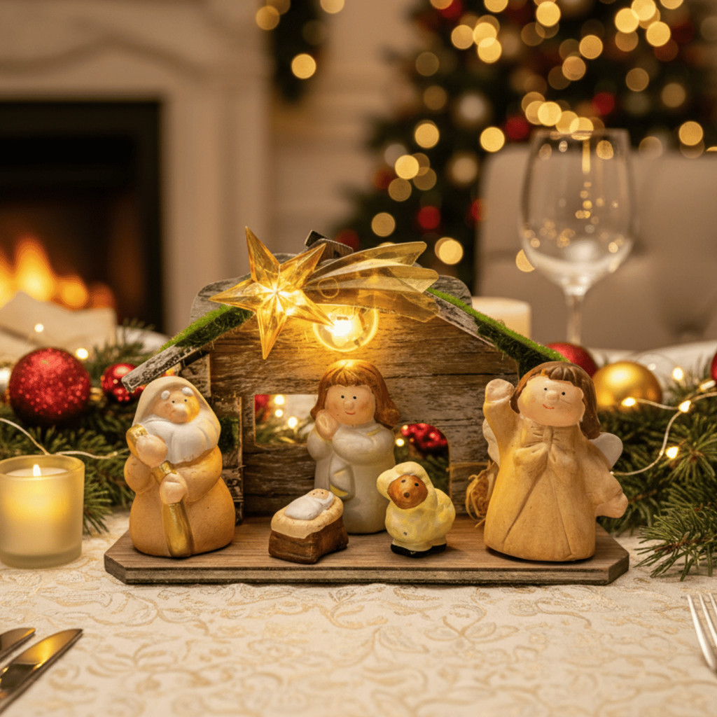 Presépio Natalino LED 23cm Resina Madeira - Wincy Natal / Sagrada Família / Decoração Enfeite Luz