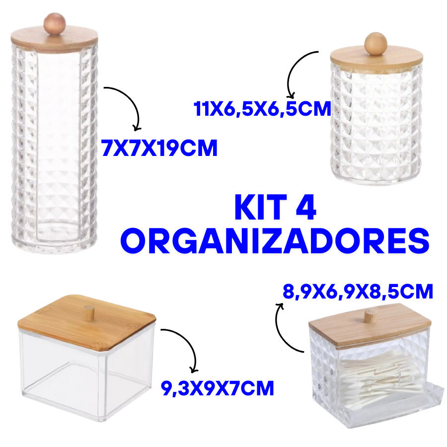 Conjunto 4 Potes Organizadores Porta Algodão E Cotonete Fácil E Pratico Plástico Tampa de Bambu
