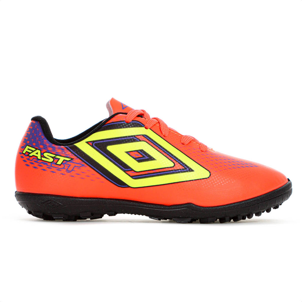 Chuteira Umbro Society Fast II Jr Coral Roxo e Amarelo - Juvenil
