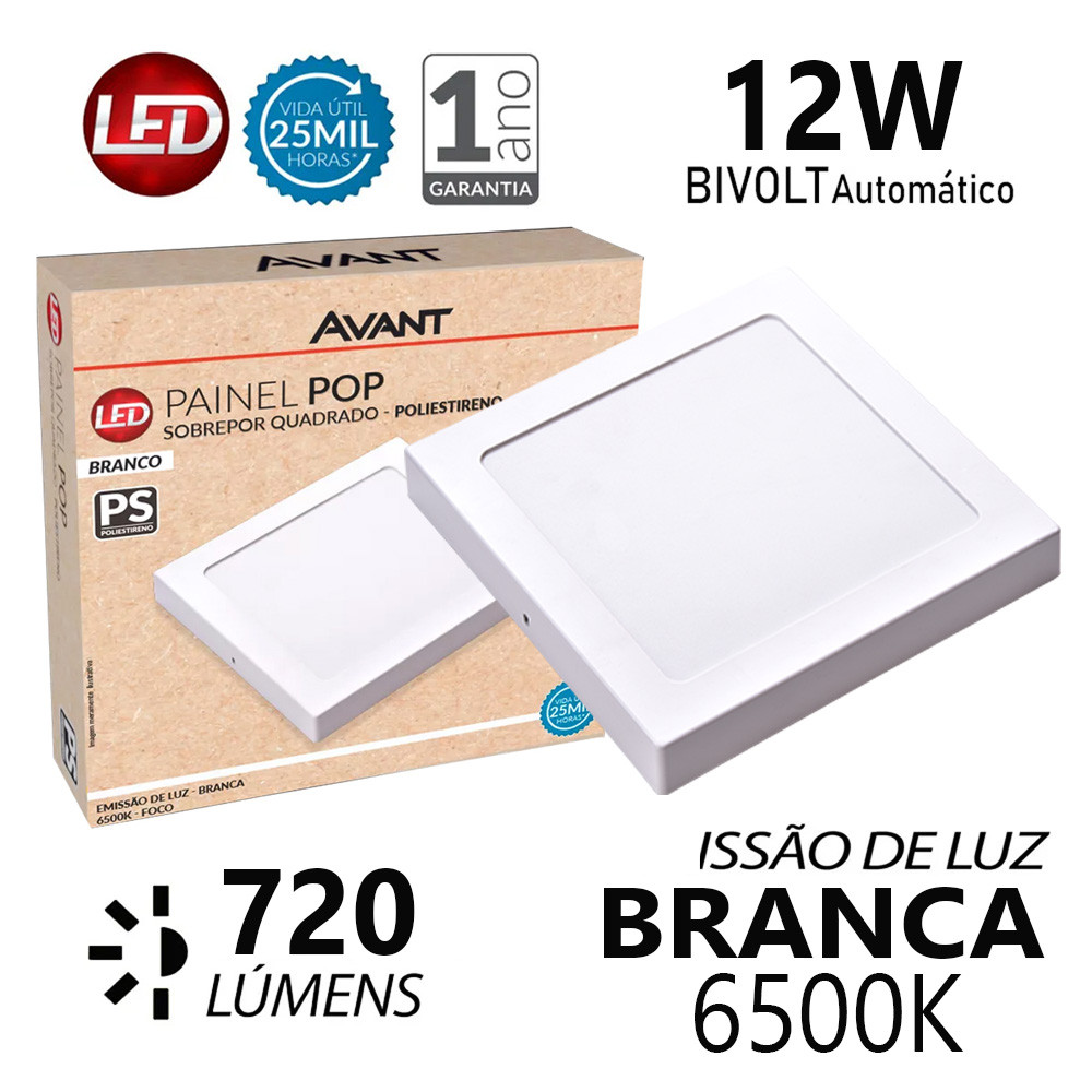 Detalhes do Kit 10 Painel Plafon Sobrepor Quadrado 12W Luz Branca 6500K Luminária de Gesso Forro Avant