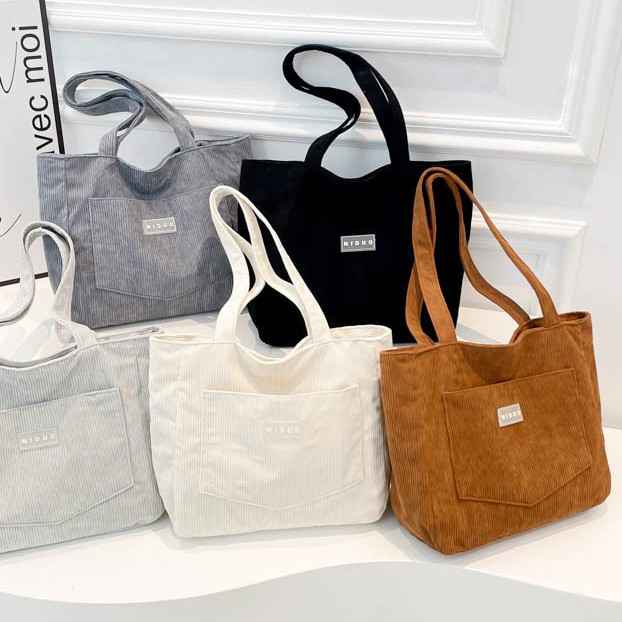 🔥Bolsa Tote Feminina de Grande Capacidade para Trabalho – Bolsa de Ombro em Veludo Cotelê Estilo Estudantil e Casual em Oferta na Shopee