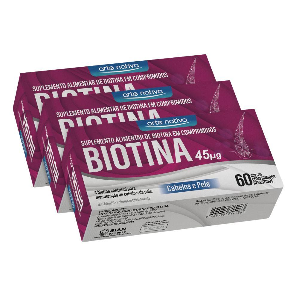 Kit 3x Vitamina Biotina 45μg Cabelos e Unhas 60 Arte NAtiva