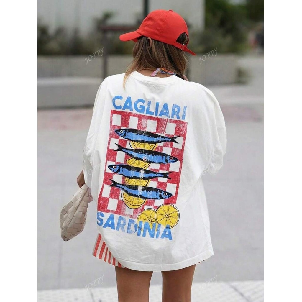 Tshirt Feminina Estilosa Estampada Sardinha Limão Lançamento Camiseta 100% Algodão Camisetão Camisa Oversized Plus Size