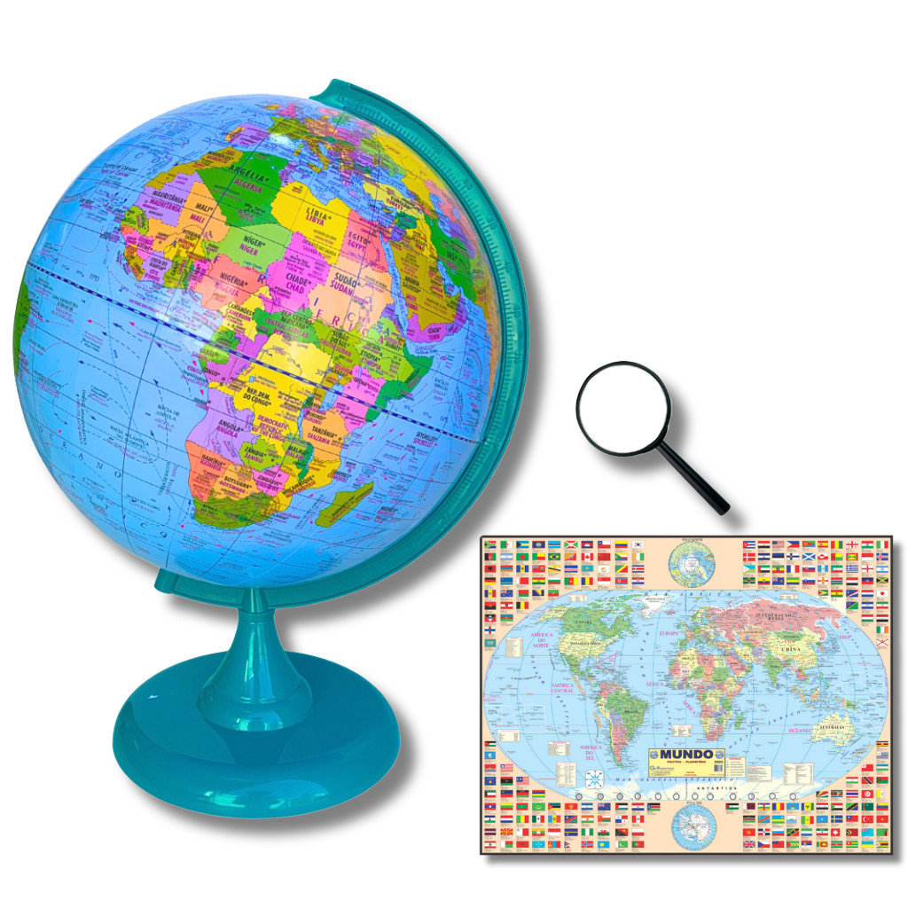 Globo Terrestre Político Bilíngue 30cm Diâmetro e 43cm Altura -Base Verde Turquesa + Mapa Mundi Gigante + Lupa