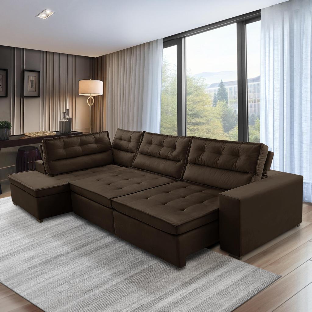Sofá de Canto Retrátil e Reclinável com Molas 3,40x2,00 Esq Virginia Suede Marrom Adonai Estofados em Oferta na Shopee