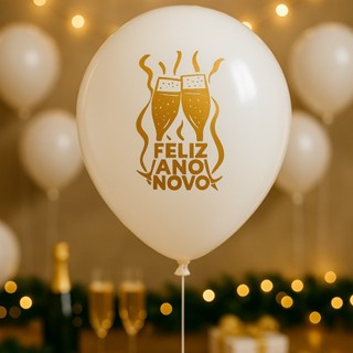 25~125 BALAO ANO NOVO 11'' BRANCO C/ DOURADO HAPPY DAY  (IBB) em Oferta na Shopee