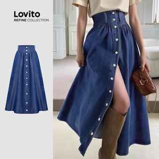 (Lovito Refine) Saias de Jeans Elegantes com Botões Na Frente Metal Primavera/verão azul-marinho LR18L009 em Oferta na Shopee