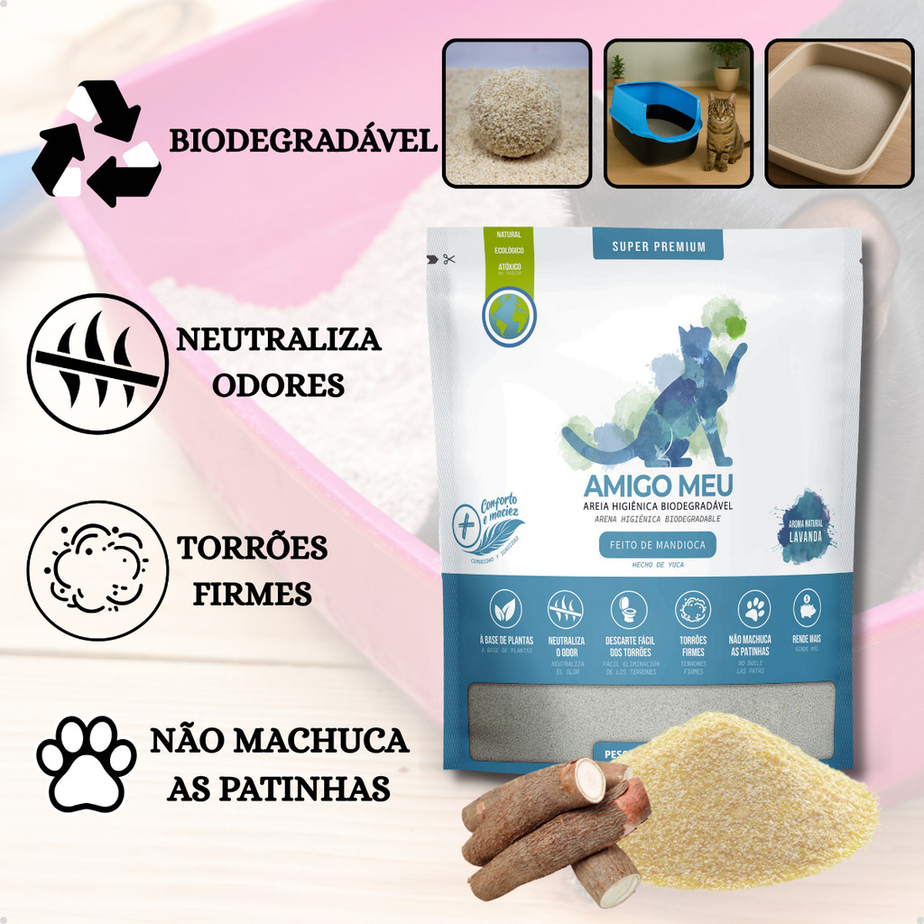 Kit 2 Areia Higiênica Sanitária de Mandioca Biodegradável Natural  Aroma Lavanda Amigo Meu 4 kg