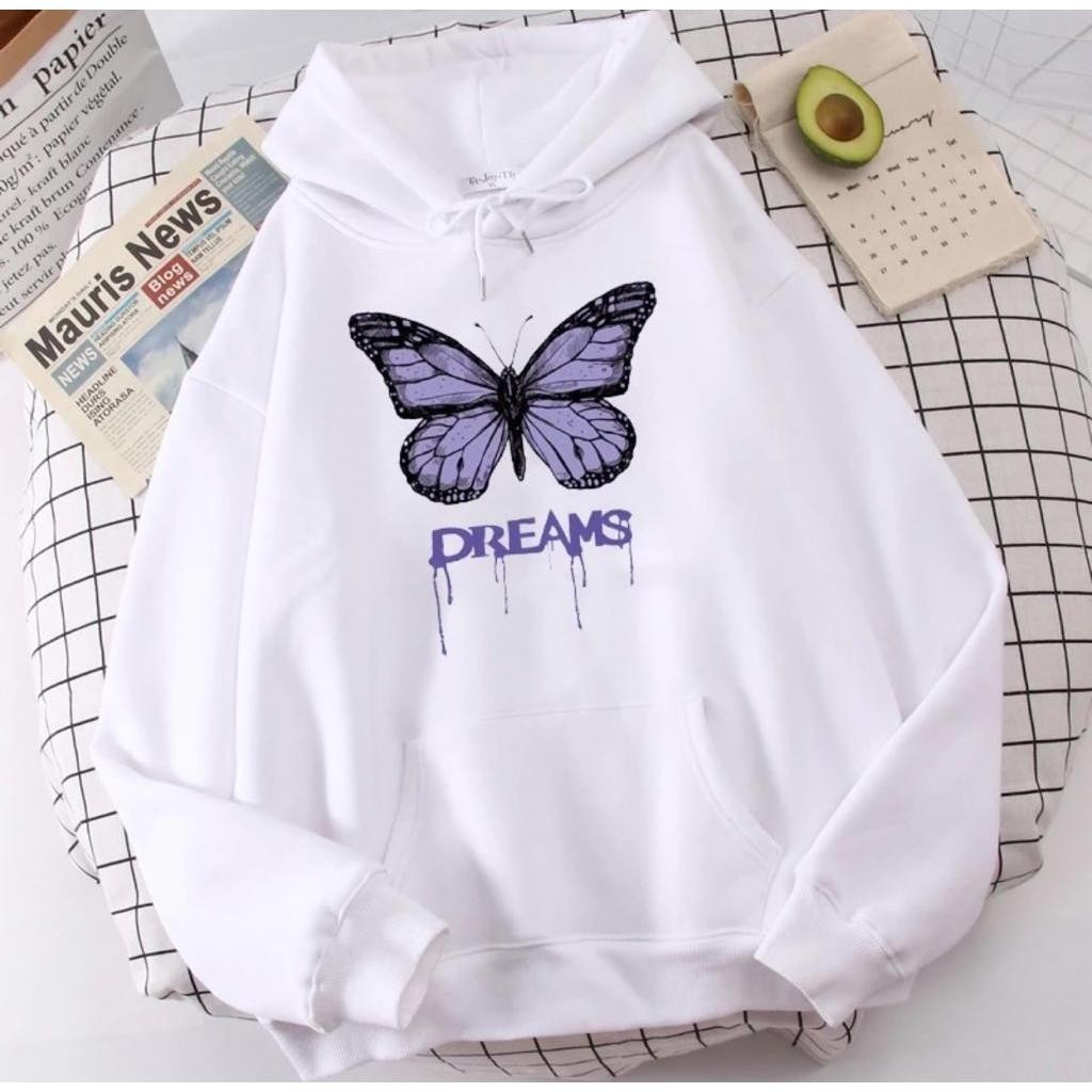 Blusa de Frio Moletom Bolso Canguru Capuz E Bolso Borboleta Dreams Unissex Feminina Top Roxa