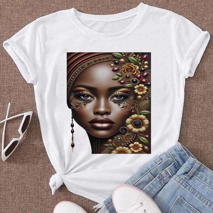 Tshirt Feminina Estampada Beleza Africana Lançamento Camiseta 100% Algodão Camisetão Solta Plus Size Camiseta - Estampaê