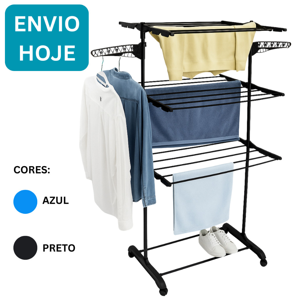Varal De Chão 3 Andares Apartamento Roupa Calcinha Grade Dobrável Portátil e Com Rodinhas