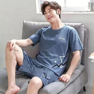 Pijamas masculinos verão novo estilo em torno do pescoço de manga curta pijamas de verão masculino Shorts Loungewear ter