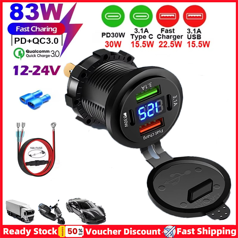 Carregador Rápido De Telefone Para Carro 83W Tomada PD 30W Carregamento 22.5W Dual USB + Type C 4 Portas Adaptador De En em Oferta na Shopee