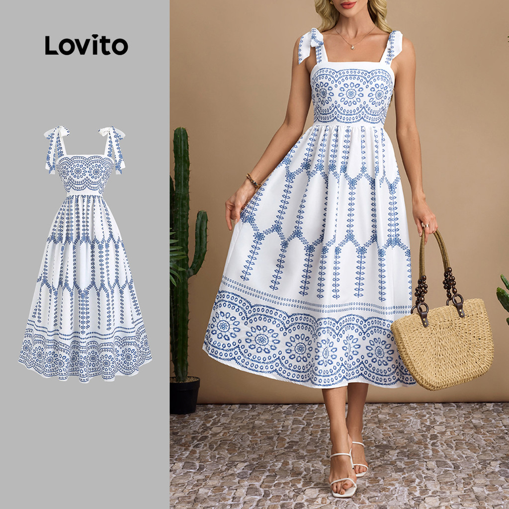 Lovito Vestido Boho com Zíper Primavera/verão Vestido Azul para mulheres LBL30094 em Oferta na Shopee