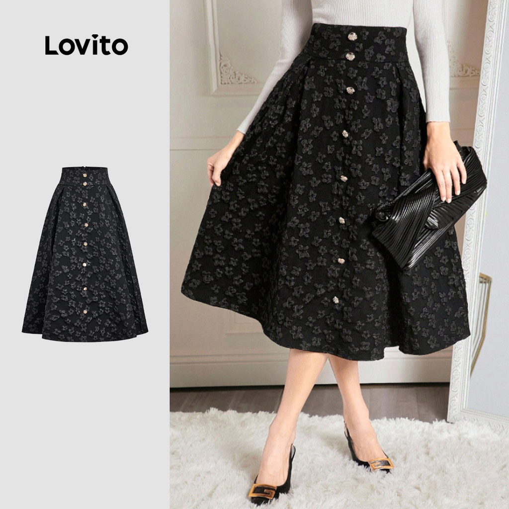 Lovito Saias Elegantes Com Botões Pretas Primavera/verão Para Mulheres L158AD224 em Oferta na Shopee