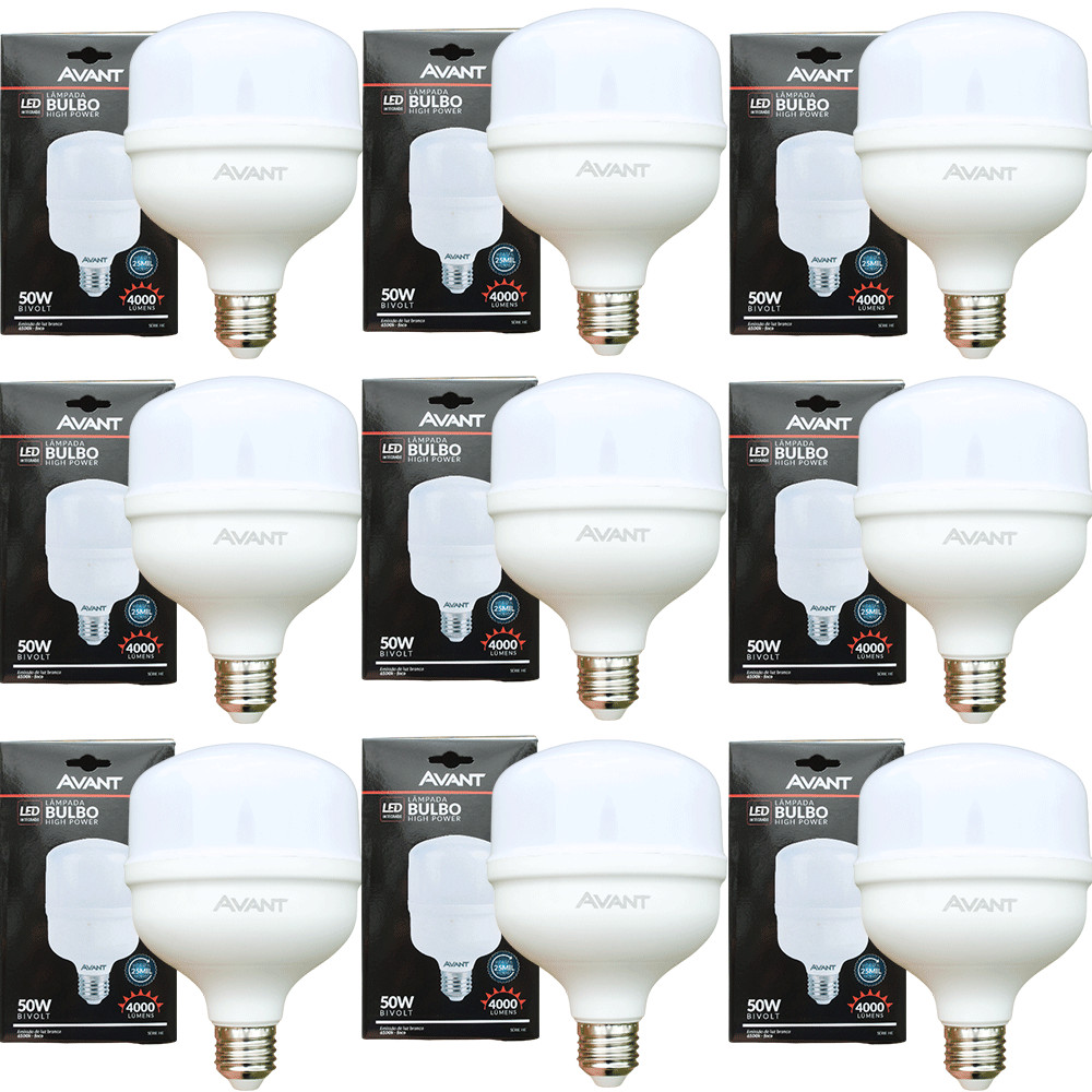 Kit 9 Lâmpadas LED Avant 50W High Power 4000lm Luz Branca 6500K Bivolt Base E27 Alta Iluminação