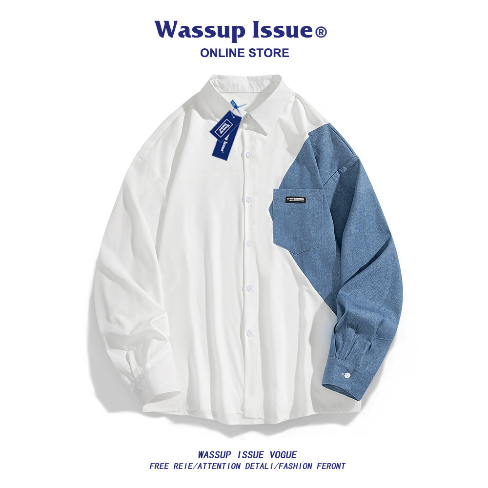 WASSUP ISSUE Camisa De Manga Curta Masculina 2025 Novo Estilo Verão Denim Costura Camisa Casual Jaqueta Masculina