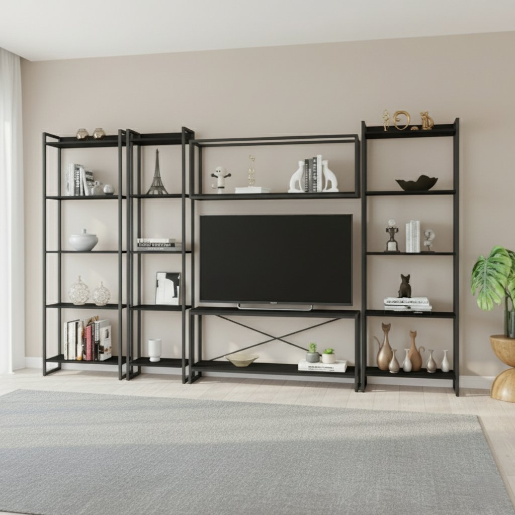 para TV até 50 Polegadas 187cmx285cm Estante 5 Prateleiras Estilo Industrial Active Yescasa Preto Onix Preto Onix