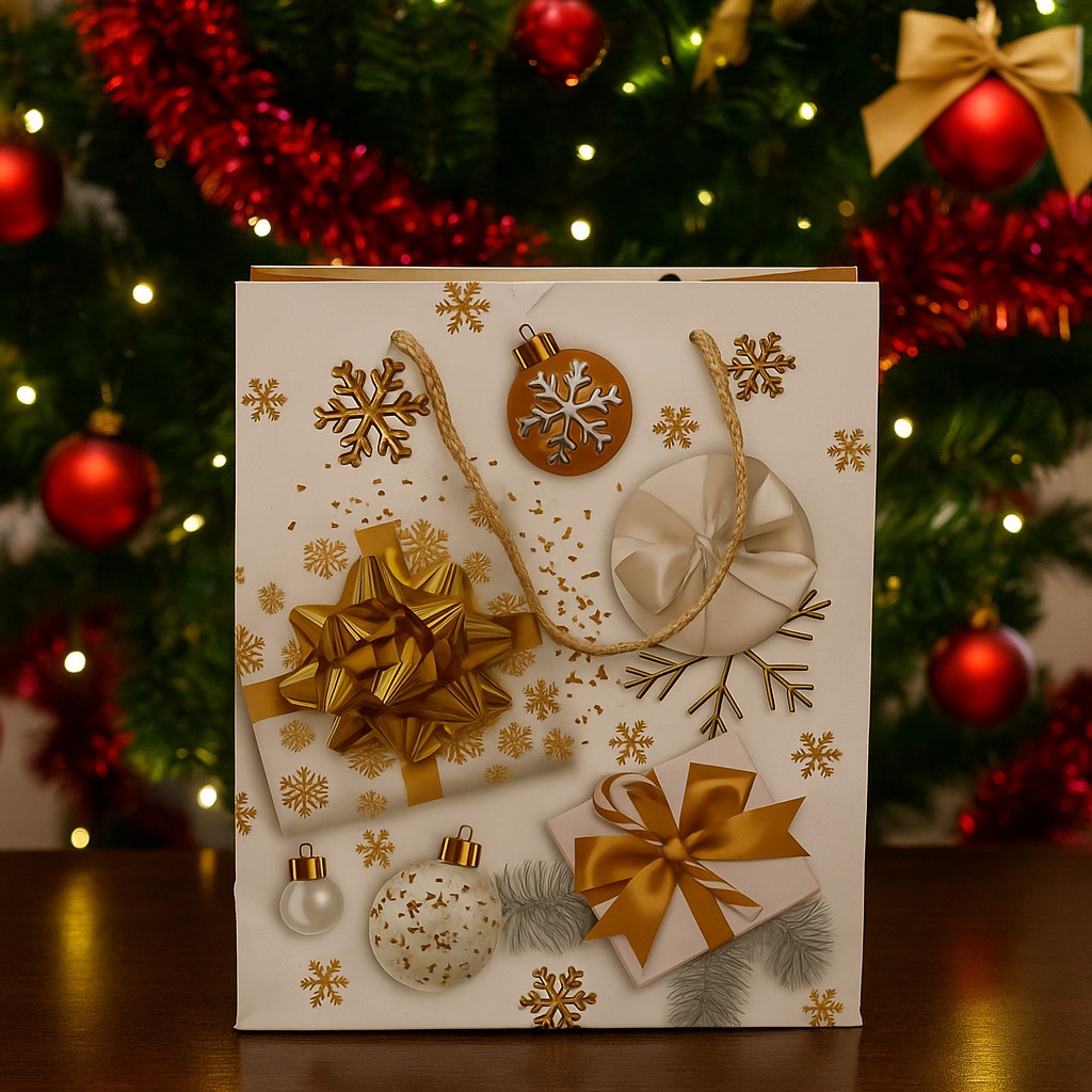 Sacola de Papel kraft decorada com presentes de natal 18x23x10cm em Oferta na Shopee