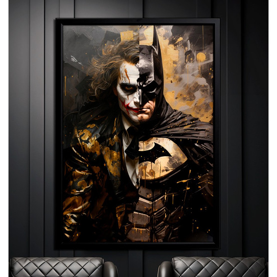 Quadro Decorativo 110x80cm Batman E Coringa Fundo Preto e Dourado DC Casa Sala Quarto De Grande