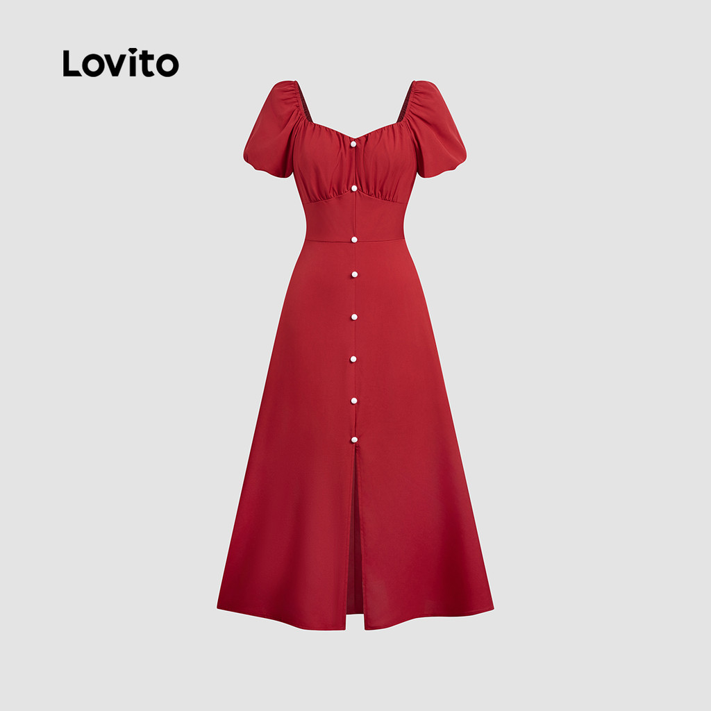 Detalhes do Lovito Refine Vestido Vermelho Casual Com Zíper Para Festas De Fim De Ano E Natal LBL30204