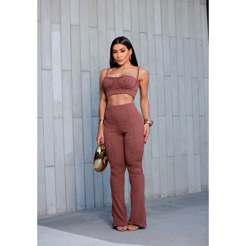 Conjunto Rosy Top Cropped com Calça Flare Ribana Prime