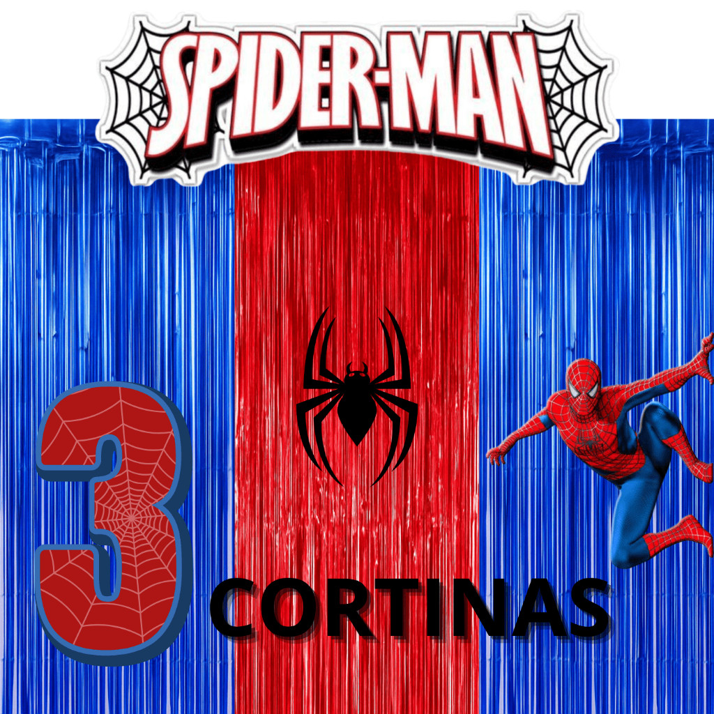 Kit 3 Cortinas Metalizadas Homem Aranha Azul, Vermelho, Preto Festa Decoração Aniversário Spider Man