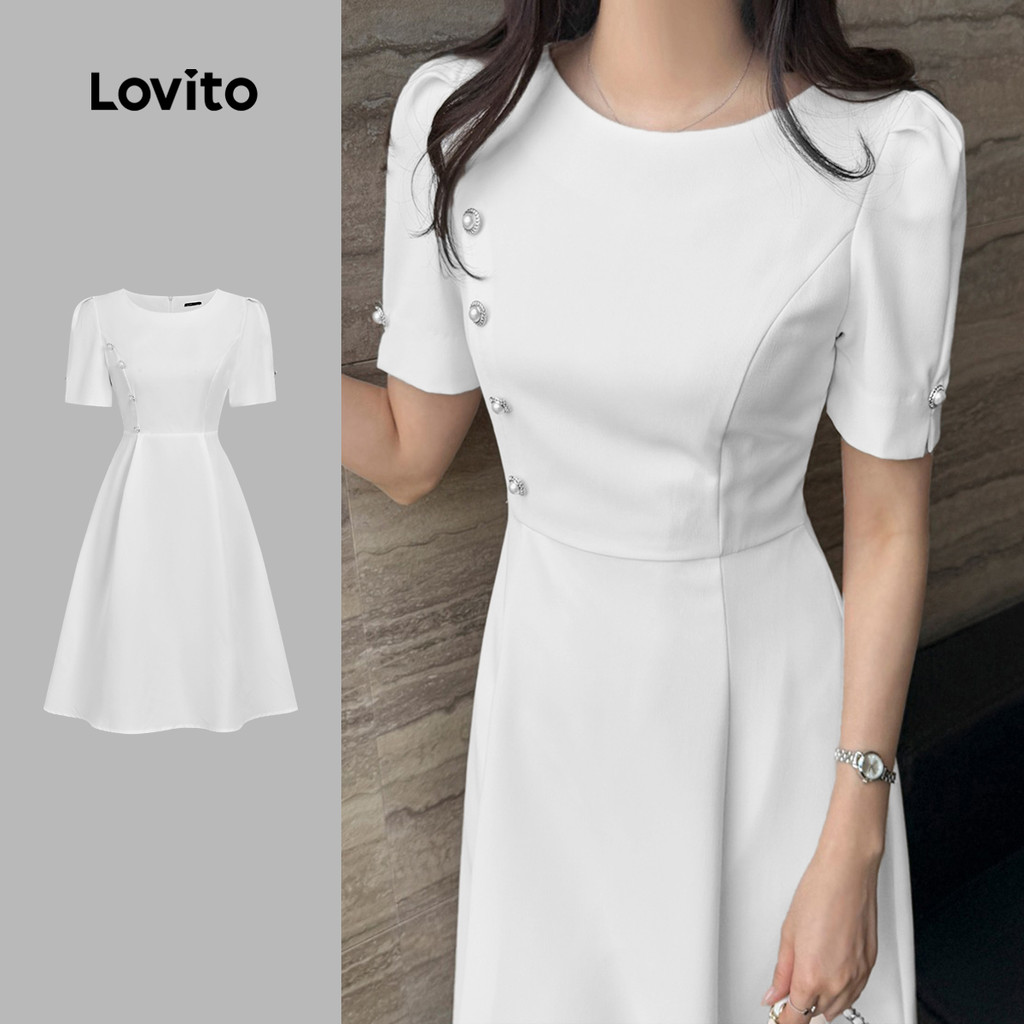Lovito Botão de Vestido Elegante Pregueado para Caminhada Primavera/verão Vestido Off-white para mulheres L155ED604
