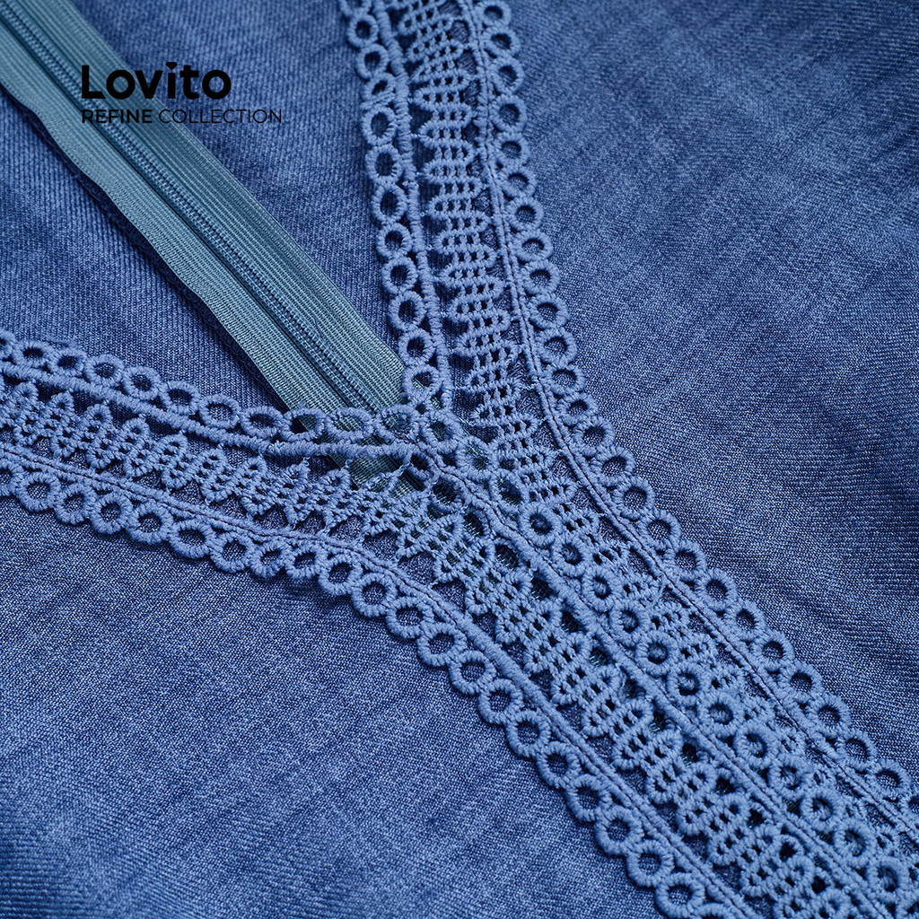 Detalhes do (Lovito Refine) Vestido Casual de Renda Pregueada para Primavera/verão Azul para Mulheres LR23E022