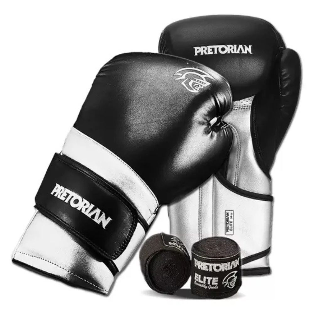 Kit Luva De Boxe Muay Thai Elite + Bandagem, Pretorian, Preto/ Prata, 14 OZ