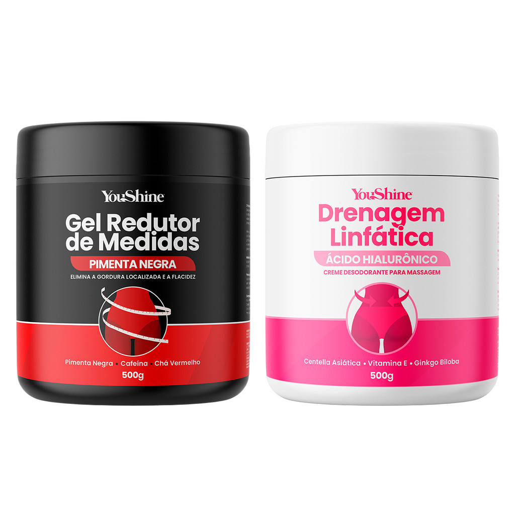Kit Corporal Gel Pimenta Negra Creme Drenagem Linfática Ácido Hialurônico YouShine